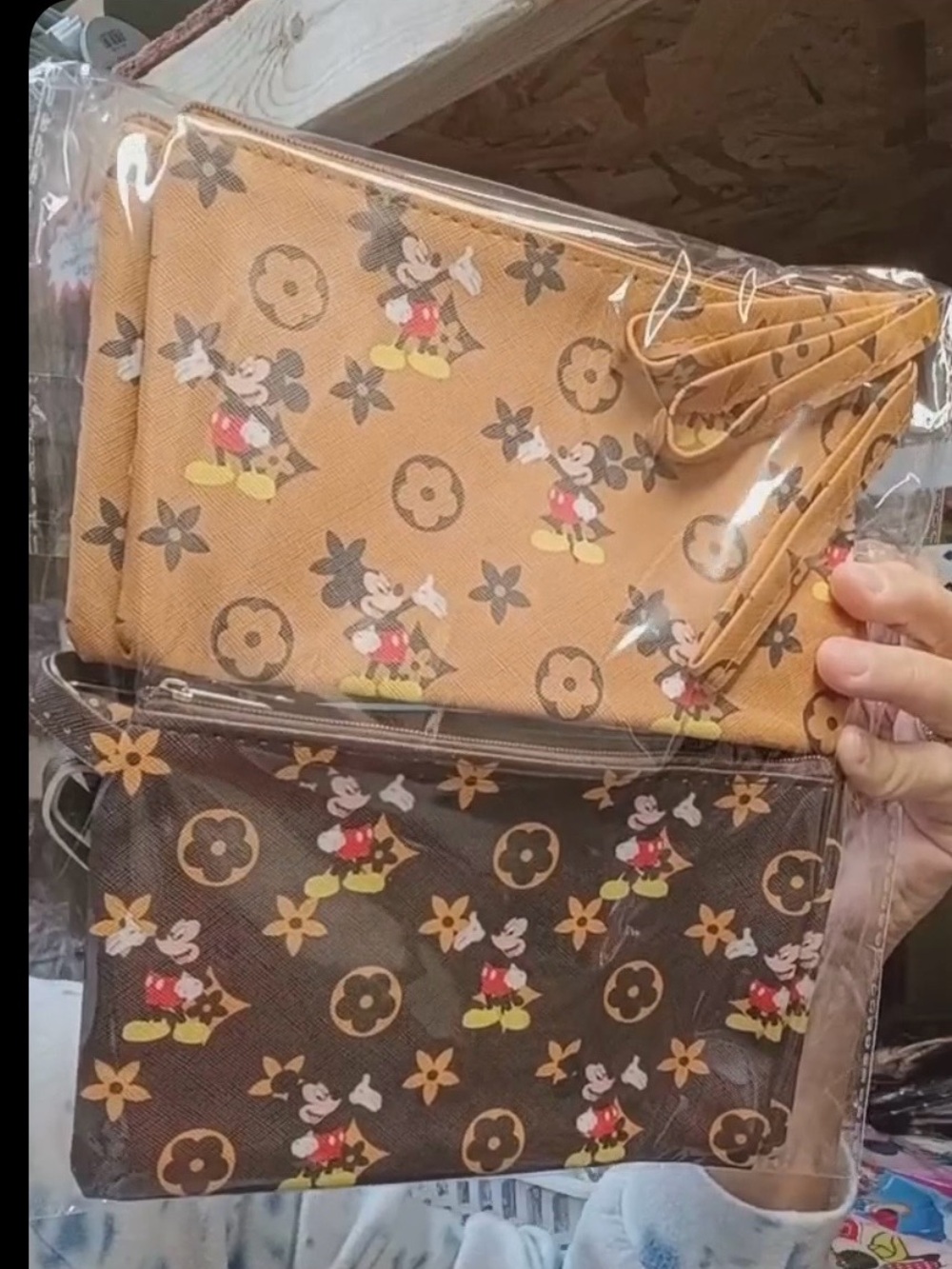 Designer-Inspired Mickey Print Womenโs cosmetic Pouch - Brown/Tan